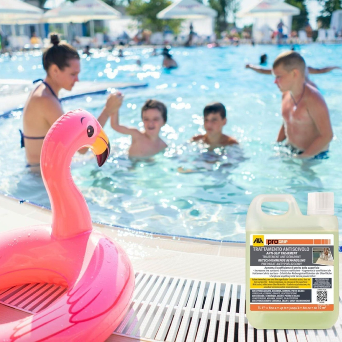 Fila PROGRIP anti-slip treatment on porcelain pool tiles